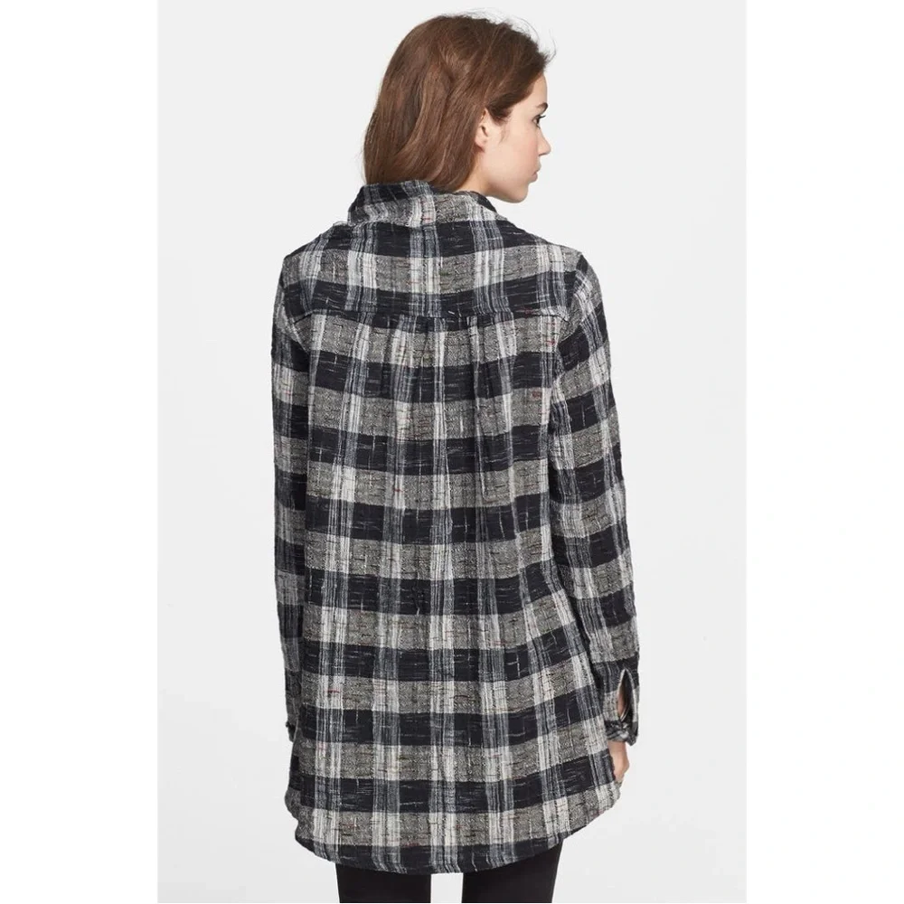 Free People Walk In The Park Black and Gray Plaid Cowl Neck Cotton Top
